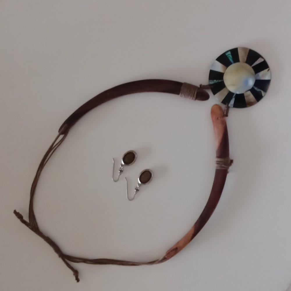 Unique Handmade Necklace of Abalone Shell & Teak Wood & Earrings Set